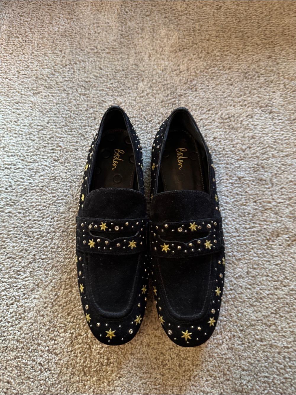 Boden Black Suede Women’s Loafers with Gold Star Embroidery
